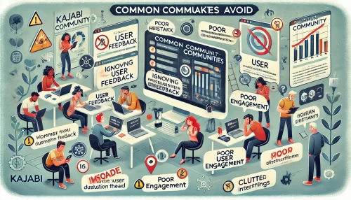 How Kajabi Communities Can Increase Your Revenue Fast An informative illustration featuring animated characters and scenes, focused on a digital community setting to represent 'Common Mistakes to Avoid When Using Kajabi Communities.'