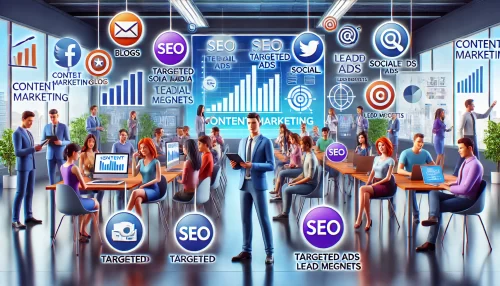 Top Marketing for Business Tactics Every Entrepreneur Must Know An informative and vibrant digital scene showcasing animated characters and elements representing effective content marketing strategies to attract and convert customers.