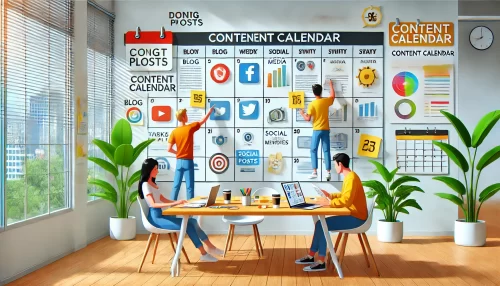 How to Build a Social Media Marketing Strategy from Scratch An informative and engaging scene featuring animated characters collaborating on creating a content calendar in a bright, modern workspace.