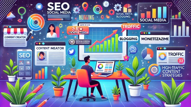 How to Build an Ad Revenue Website That Prints Money An animated digital illustration showing a content creator at a desk, working on a laptop, surrounded by floating icons representing SEO, social media, blogging, and monetization.