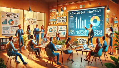 Top Marketing for Business Tactics Every Entrepreneur Must Know An informative and vibrant scene depicting a team of animated characters in a modern office environment, brainstorming and collaborating on a marketing strategy.