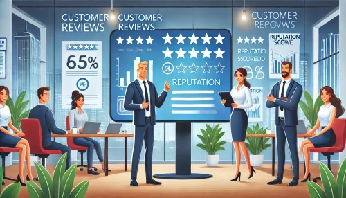 Kinsta Web Hosting vs Competitors: Who Comes Out on Top? An informative scene featuring animated characters analyzing customer reviews and reputation.