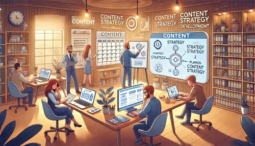 How to Build a Social Media Marketing Strategy from Scratch An informative digital scene depicting animated characters collaborating on content creation.