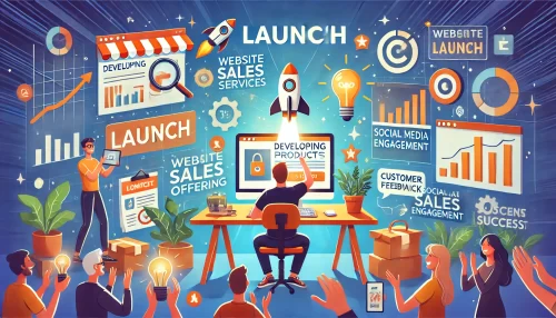 How Do I Create an Online Business and Quit My 9-5 Job? An informative animated-style illustration showing a person developing and launching their products or services online.
