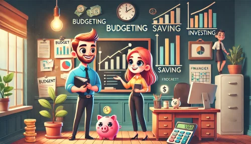 Personal Finance Management Tips to Boost Your Savings An informative and vibrant scene featuring animated characters discussing financial habits.