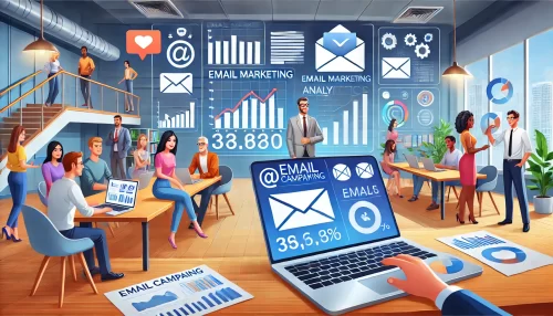 Email Marketing Service: Top Picks & Expert Reviews An informative and engaging scene featuring animated characters in a modern workspace researching on email marketing service.