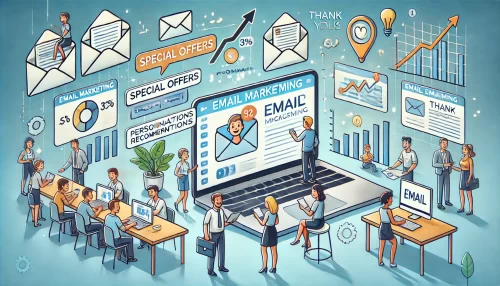 Top Marketing for Business Tactics Every Entrepreneur Must Know An informative, animated-style scene depicting email marketing tactics to increase customer engagement.