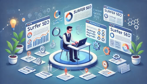 How Surfer SEO Boosts Content Quality and Organic Growth An informative animated-style illustration featuring a digital marketing expert working on content optimization using Surfer SEO.