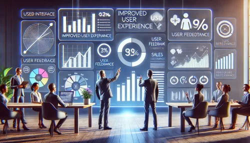 How to Double Your Advertising Revenue This Year A modern and informative scene showing a dynamic user interface on a digital dashboard, with animated characters interacting with various web elements such as charts, user feedback, and sales metrics.
