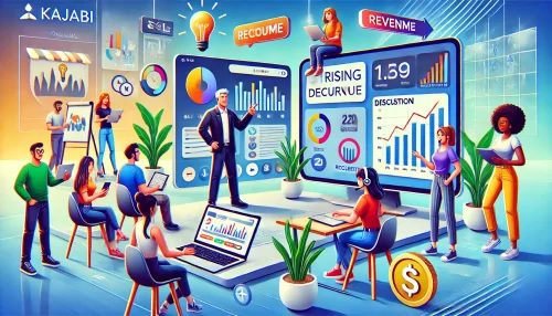 How Kajabi Communities Can Increase Your Revenue Fast A dynamic and engaging digital scene featuring animated characters interacting within a Kajabi online community setting.