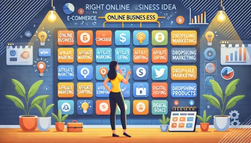 How Do I Create an Online Business and Quit My 9-5 Job? An informative animated-style illustration showcasing a person selecting the right online business idea to match their goals.