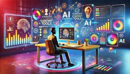 How Ryter Me Transformed My Content Creation Process A modern and informative scene showcasing an animated digital workspace, where an animated character (representing a content creator) is sitting at a sleek desk with multiple monitors displaying AI-powered content tools and writing software ryter me.