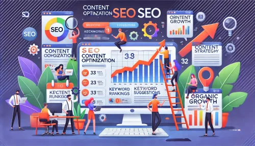 How Surfer SEO Boosts Content Quality and Organic Growth An informative digital illustration showing animated characters working on content optimization using Surfer SEO.