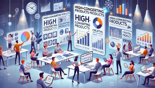 Creative Market Affiliate Strategy: Make $500+ Monthly A modern and informative illustration featuring animated characters analyzing high-converting products in a creative marketplace.