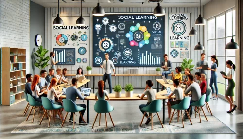 How BuddyBoss LearnDash Boosts Course Engagement by 50% A modern and informative scene with animated characters and a professional setting focused on social learning techniques.