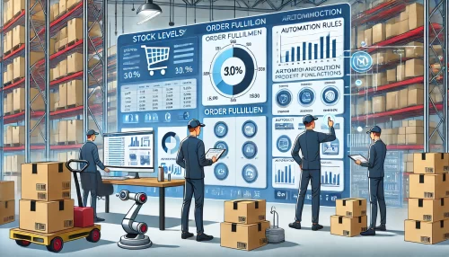 AppScenic Review: Why Ecommerce Owners Love This Platform An informative scene featuring animated characters managing inventory through a digital dashboard representing automated ecommerce operations.