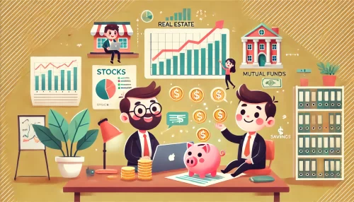 Personal Finance Management Tips to Boost Your Savings An informative illustration featuring animated characters in a financial setting.