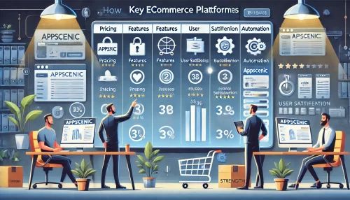 AppScenic Review: Why Ecommerce Owners Love This Platform An informative scene featuring animated characters comparing key ecommerce platforms, focusing on how AppScenic stacks up against its competitors.