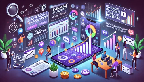 How Kajabi Communities Can Increase Your Revenue Fast An informative animated illustration focusing on the theme of 'Leveraging Engagement to Drive More Revenue.'