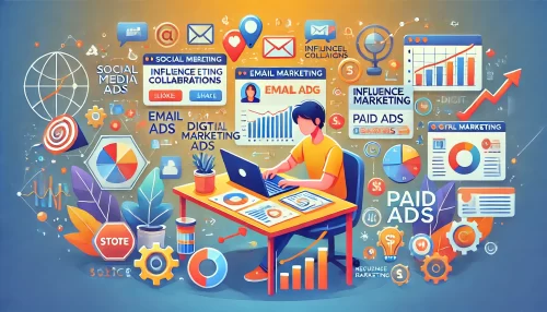 How Do I Create an Online Business and Quit My 9-5 Job? An informative animated-style illustration showing a person actively marketing and promoting their online business.