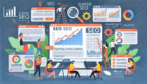 How Surfer SEO Boosts Content Quality and Organic Growth An informative digital illustration featuring animated characters optimizing content creation using Surfer SEO.