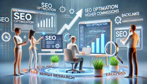 Creative Market Affiliate Strategy: Make $500+ Monthly A modern and informative scene featuring animated characters working on optimizing SEO for affiliate marketing.