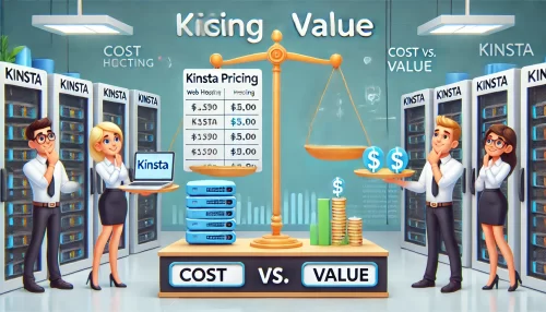 Kinsta Web Hosting vs Competitors: Who Comes Out on Top? An informative scene comparing web hosting plans with animated characters discussing pricing and value.