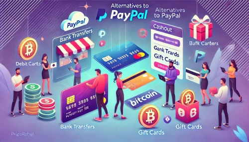 PrizeRebel PayPal Payout: How to Redeem Your Rewards Fast! A modern and informative digital illustration featuring animated characters interacting with various cashout options as alternatives to PayPal on PrizeRebel.