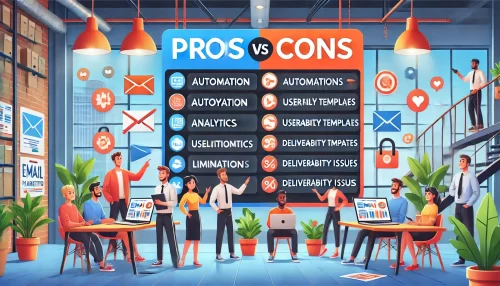Email Marketing Service: Top Picks & Expert Reviews An informative and engaging scene with animated characters in a modern workspace, analyzing the pros and cons of popular email marketing services.