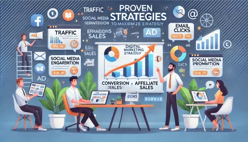 Walmart Affiliates: Simple Steps to Make Money Online An informative scene featuring animated characters in a digital marketing strategy setting, designed to showcase proven promotional techniques to maximize online earnings.