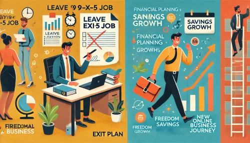 How Do I Create an Online Business and Quit My 9-5 Job? An informative animated-style illustration showing a person confidently leaving their 9-5 job with a strategic exit plan.