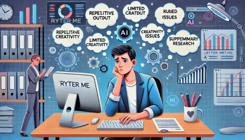 How Ryter Me Transformed My Content Creation Process A modern and informative image featuring an animated character (a young professional with a tech-savvy vibe) sitting at a desk, looking frustrated at a computer displaying the AI writing tool 'Ryter Me'.