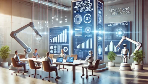 How to Double Your Advertising Revenue This Year A modern, informative digital scene illustrating the concept of 'Scaling Advertising Revenue with Automation.'