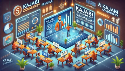 How Kajabi Communities Can Increase Your Revenue Fast An informative and animated-style scene depicting a successful Kajabi online community setup for profitability.