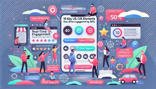 How BuddyBoss LearnDash Boosts Course Engagement by 50% A modern, informative digital illustration featuring animated characters interacting with 10 key UI/UX elements that drive user engagement by 50%.