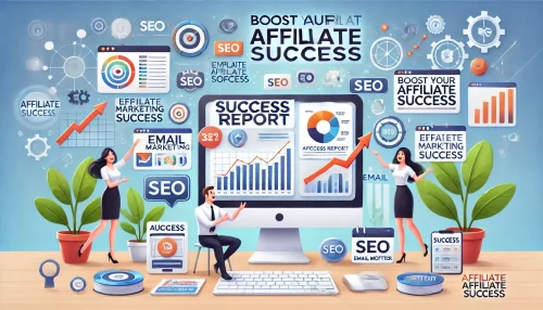 Walmart Affiliates: Simple Steps to Make Money Online An informative and dynamic scene featuring animated characters working together to achieve affiliate marketing success.