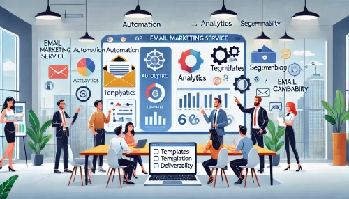 Email Marketing Service: Top Picks & Expert Reviews An informative and engaging scene with animated characters in a modern workspace, analyzing the top features of an email marketing service.
