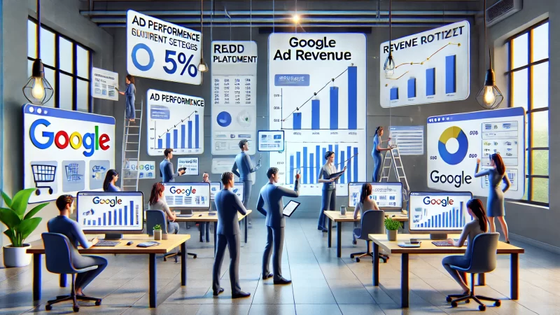 How to Calculate Google Ad Revenue & Improve Your CPM An informative digital illustration depicting animated characters tracking, analyzing, and optimizing Google Ad revenue.