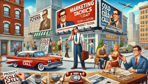 Top Marketing for Business Tactics Every Entrepreneur Must Know An informative and lively scene showcasing traditional marketing tactics that are still effective today.