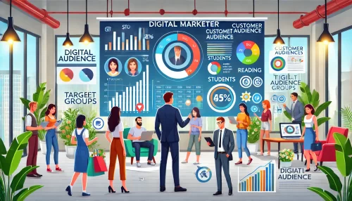 How to Build a Social Media Marketing Strategy from Scratch An informative and visually engaging scene with animated characters in a modern marketing setting.
