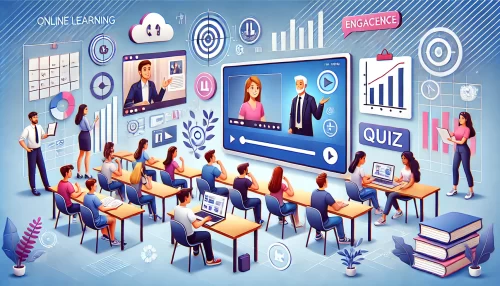 How BuddyBoss LearnDash Boosts Course Engagement by 50% A modern and informative digital illustration showing an animated online learning platform interface on a large screen.