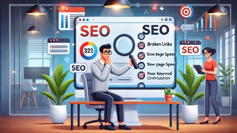 SEO for My Website Made Easy – Rank Like a Pro An informative digital illustration featuring an animated character, a digital marketer, analyzing a website's SEO performance on a large computer screen.