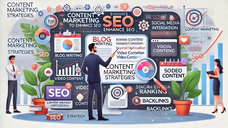SEO for My Website Made Easy – Rank Like a Pro An informative digital illustration featuring an animated character explaining content marketing strategies to enhance SEO.