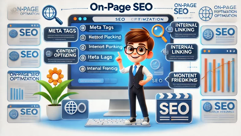 SEO for My Website Made Easy – Rank Like a Pro An informative digital illustration featuring an animated character explaining On-Page SEO optimization.