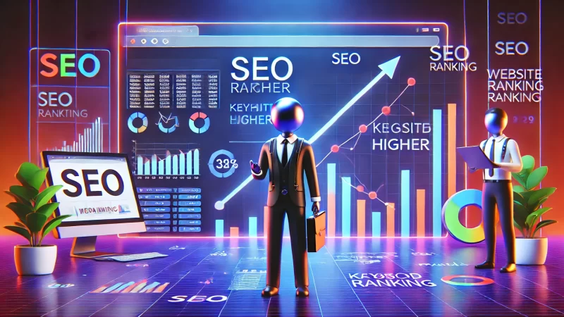SEO for My Website Made Easy – Rank Like a Pro An animated character resembling a digital marketer, standing in front of a large seo for my website dashboard with graphs, charts, and keyword rankings.