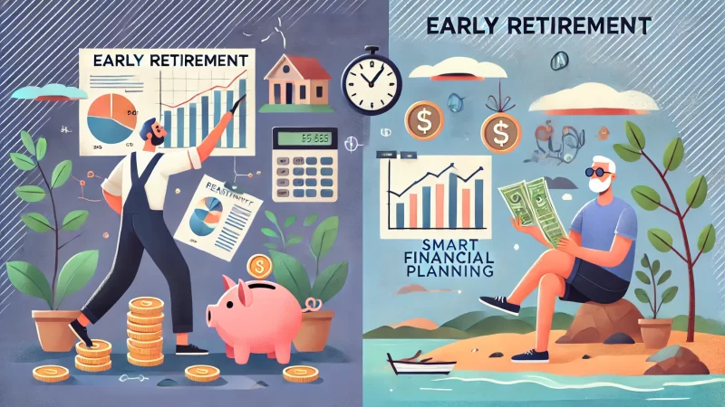 Retire Early or Stay Trapped in the 9-to-5? Your Call! Focus An informative illustration featuring an animated character planning for early retirement.