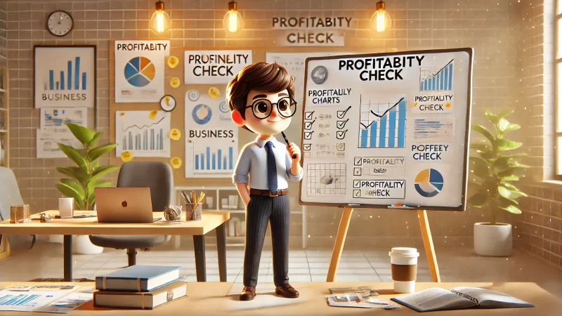 Create Online Business & Scale to $10K/Month An animated character, a young entrepreneur, standing in front of a whiteboard filled with business charts, financial graphs, and a 'Profitability Check' checklist.