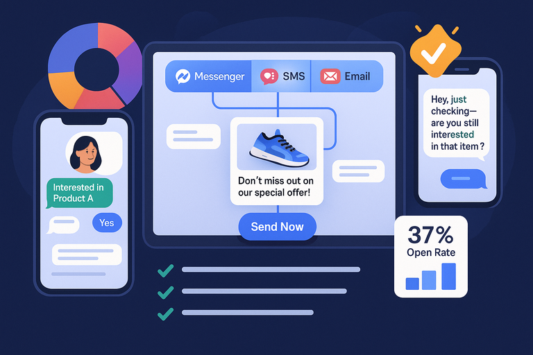 Include interactive elements, screens, data, and high-quality animations where needed to visually tell a story. Match tone and function. Make the image dynamic, rich, and detailed. Do not use the provided text on the image. Create one horizontal visual with a 16:9 aspect ratio for:
How ManyChat Automation Enhances Marketing Campaigns