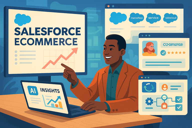 An informative illustration about How Salesforce Ecommerce Helps Brands Scale With Ease