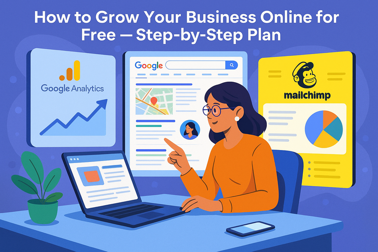 How to Grow Your Business Online for Free — Step-by-Step Plan An informative illustration about How to Grow Your Business Online for Free — Step-by-Step Plan